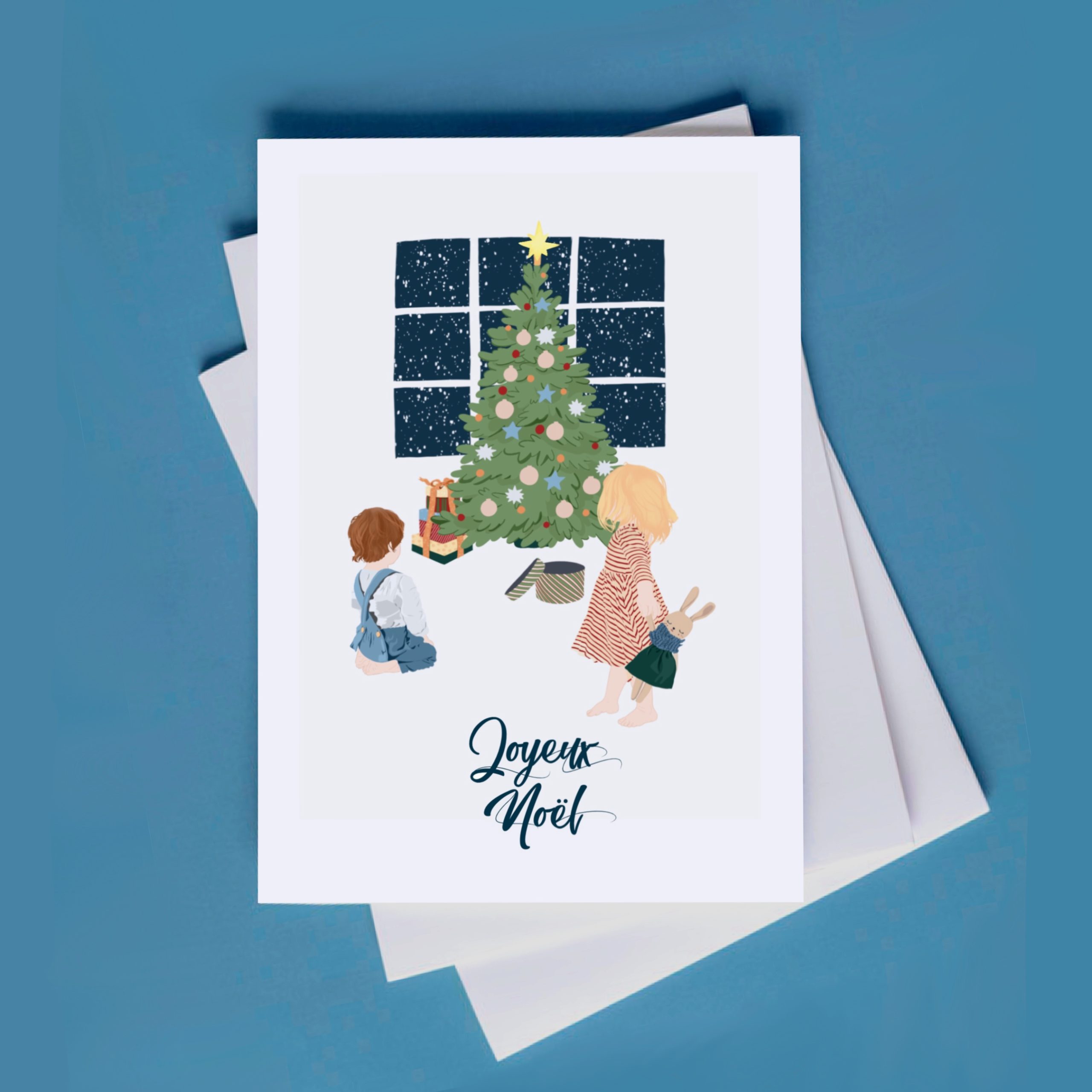 carte noel enfants cadeaux sous le sapin