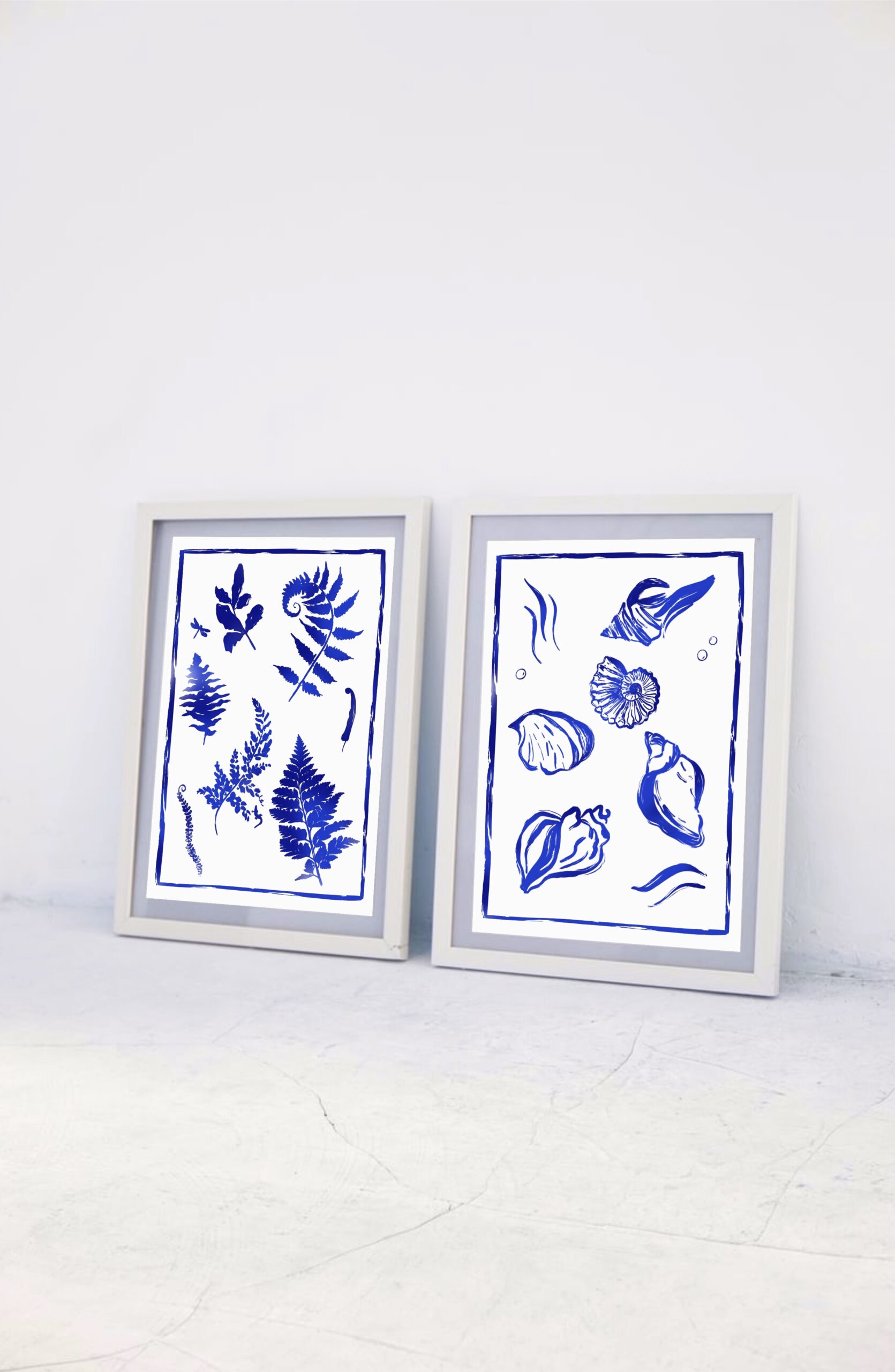 affiche bleue oiseaux coquillages fougères