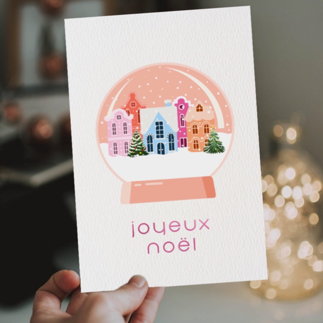 carte de noel boule à neige village de noel