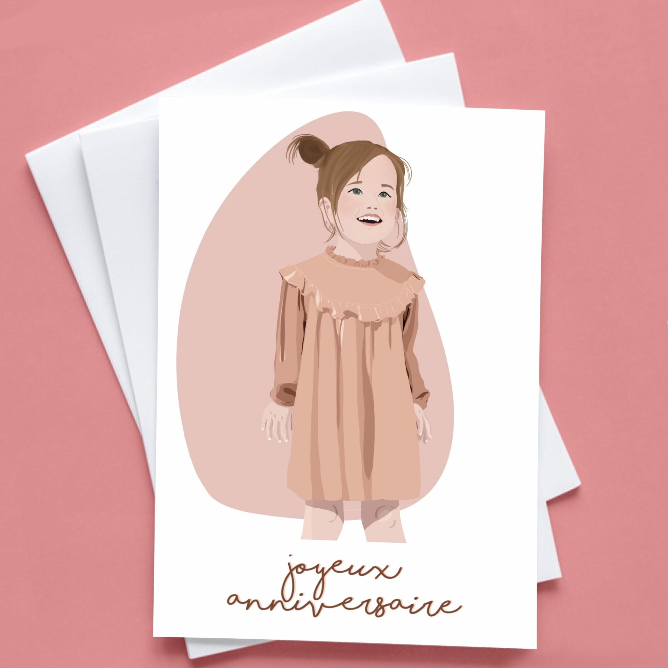carte anniversaire fille illustration petite fille robe rose joyeuse